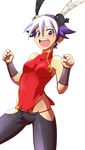  :d animal animal_on_head bare_shoulders bird bird_on_head black_hair blush breasts chinese_clothes covered_navel earrings feng_(skullgirls) highres jewelry looking_at_viewer lowleg lowleg_pants multicolored_hair on_head open_mouth pants purple_eyes shadowbug_x short_hair simple_background skin_tight skullgirls small_breasts smile solo two-tone_hair vambraces white_background white_hair wrist_guards 