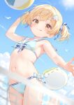  1girl :q absurdres ball bare_shoulders beach_volleyball bikini bird blonde_hair blue_bikini blue_sky blush breasts brown_eyes closed_mouth cloud commentary_request flat_chest front-tie_bikini_top front-tie_top hair_ornament highres jumping looking_at_viewer minami_mii navel original outdoors paid_reward_available playing_sports rebun sailor_bikini sailor_collar seagull short_hair side-tie_bikini_bottom sky small_breasts smile solo stomach swimsuit tongue tongue_out twintails volleyball volleyball_net white_sailor_collar yellow_eyes 