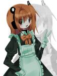  1girl a.i._voice adachi_rei alternate_costume apron black_dress bow bowtie dress enmaided frilled_apron frills gloves hand_up highres long_sleeves looking_at_viewer maid maid_apron open_mouth orange_bow orange_bowtie orange_eyes orange_hair smile sn_(sn_utu00) upper_body utau v white_apron white_gloves zoom_layer 