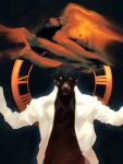  1boy 2others animal_ears bisected black_hair black_shirt coat collared_shirt dog_ears dog_snout double-parted_bangs fading furry hair_between_eyes halo halo_behind_head highres implied_death kim_dokja looking_at_viewer lying macaronijail multiple_others nipples no_eyes nude omniscient_reader&#039;s_viewpoint on_back outstretched_arms partially_shaded_face ribs shirt short_hair stopwatch white_coat 