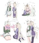 2girls black_thighhighs blonde_hair blue_eyes blush braid commentary_request fujimasa_march_(umamusume) green_jacket half_up_braid heart highres hill_chuchu hug hug_from_behind jacket long_hair looking_at_another multiple_girls oguri_cap_(umamusume) open_mouth orange_eyes pleated_skirt purple_skirt school_uniform seiza simple_background sitting skirt thighhighs tracen_school_uniform umamusume umamusume:_cinderella_gray white_background white_hair white_skirt yes-no_pillow yuri 