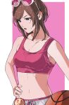 1girl :o ace_attorney alternate_costume amikoiiko apollo_justice:_ace_attorney badge ball basketball_(object) blue_eyes blush breasts brown_hair button_badge cleavage collarbone drawstring ema_skye eyewear_on_head fingernails half_updo hand_on_own_hip highres holding holding_ball linea_alba long_hair looking_down navel open_mouth pants pink-tinted_eyewear pink_background pink_lips pink_sports_bra pink_string simple_background solo sports_bra sternocleidomastoid_muscle sunglasses sweatdrop tied_drawstring tinted_eyewear track_pants two-tone_background upper_body white_background white_pants white_string 