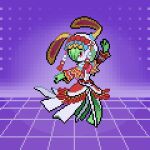 2025 absurd_res ambiguous_gender clothing digital_media_(artwork) dress gardevoir generation_3_pokemon green_body green_hair hair headgear headwear hi_res holowear_(pokemon) melpoli_98 nintendo pixel_(artwork) pokemon pokemon_(species) pokemon_unite pseudo_clothing red_eyes solo stage_style_gardevoir white_body