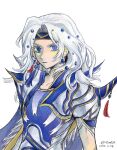  1boy armor blue_eyes blue_gemstone blue_headband cape cecil_harvey closed_mouth dated earrings final_fantasy final_fantasy_iv gem hair_ornament hashtag-only_commentary headband highres jewelry long_hair male_focus spiked_pauldrons white_background white_hair zoora 