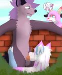 absurd_res amy_(d4xt3r) anthro bovid brick_wall butt butt_grab canid canine canis capcom caprine casual_exposure casual_nudity daxter_wolfsky_(d4xt3r) fellatio female goat group hand_on_butt herbivore_(mh) hi_res hybrid male male/female mammal monster_hunter oblivious oral outside outside_sex penile public public_erection public_nudity public_sex sally_(d4xt3r) searching sex trio wall_(structure) wolf wolfdog zyra_the_proto