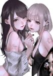  2girls aegyo_sal barbell_piercing bare_shoulders black_bra black_camisole black_eyes black_jacket black_nails bra breasts brown_hair camisole candy cleavage closed_mouth commentary_request crescent_tattoo cropped_sweater ear_chain ear_piercing earrings eyelashes eyeliner flower_ring food from_side glitter_makeup grey_background grey_hair grey_sweater heads_together highres holding holding_candy holding_food holding_lollipop jacket jacket_partially_removed jewelry letterman_jacket linked_piercing lipstick lollipop long_hair long_sleeves looking_at_viewer makeup mano_aaa medium_breasts mole mole_on_breast multiple_girls nail_polish off-shoulder_sweater off_shoulder original parted_lips piercing red_lips short_hair shoulder_tattoo simple_background single_sidelock stud_earrings sun_symbol sun_tattoo sweater swept_bangs tattoo torn_clothes torn_sweater underwear upper_body whale_tattoo yuri zipper 