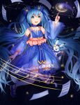  1girl :d absurdres arm_up beamed_eighth_notes blue_dress blue_eyes blue_hair blue_shoes bow commentary constellation constellation_print detached_sleeves dress eighth_note floating frilled_dress frills full_body hair_between_eyes hair_ornament hair_ribbon hairclip hatsune_miku highres holding long_hair musical_note musical_note_print musical_staff open_mouth plipa quarter_note rabbit_yukine ribbon sheet_music shoes sky smile snowflake_hair_ornament solo sparkle star_(sky) star_(symbol) star_hair_ornament starry_sky starry_sky_background starry_sky_print striped_ribbon treble_clef twintails very_long_hair vocaloid wand yuki_miku yuki_miku_(2017) 