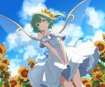  1girl alternate_costume bare_shoulders blue_sky bow cato_(monocatienus) cloud daiyousei dress dress_tug fairy_wings flower frilled_dress frills green_eyes green_hair hair_bow highres outdoors short_hair side_ponytail sky sleeveless sleeveless_dress solo sundress sunflower touhou white_dress wings yellow_bow 