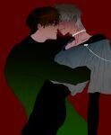  2boys absurdres alien_stage arm_around_chest black_bodysuit blood blood_on_face blood_on_neck bodysuit choker grey_hair grey_shirt highres ivan_(alien_stage) juxing_baicai_gongji_renlei male_focus multiple_boys red_background shirt short_hair simple_background till_(alien_stage) white_choker 