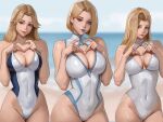  3girls absurdres akinoshi_art beach blue_lips breasts cleavage color_connection covered_navel dagger_(marvel) emma_frost fantastic_four hair_color_connection heart heart_hands highleg highleg_one-piece_swimsuit highres large_breasts long_hair marvel marvel_rivals medium_hair multiple_girls ocean one-piece_swimsuit short_hair smile sue_storm swimsuit thighs trait_connection white_one-piece_swimsuit x-men 
