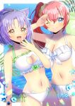  :d ;) animal_ears arm_up bare_arms bare_shoulders bikini blue_eyes blue_sky blush breasts brown_eyes cat_cutout cat_ear_bikini cat_ears cat_girl cat_tail cinnamon_(nekopara) cleavage cleavage_cutout closed_mouth clothing_cutout collarbone commentary_request commission day groin hair_between_eyes kou_hiyoyo large_breasts long_hair navel nekopara ocean one_eye_closed original purple_hair red_hair salute side-tie_bikini_bottom side_ponytail skeb_commission sky smile swimsuit tail water white_bikini 