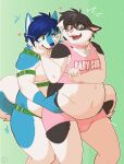 absurd_res anthro belly black_body black_eyewear black_fur black_glasses black_hair blue_body blue_fur blue_hair blush blush_lines bulge canid canine canis cheek_markings chubby_girly clothing collar curled_tail domestic_dog dominant dominant_male duo eyewear facial_markings femboy front_view fur glasses green_eyes green_harness grey_eyes groping_belly groping_from_behind hair harness harness_only head_markings hi_res husky hybrid love_handles male male/male mammal markings moobs multicolored_body multicolored_fur navel nordic_sled_dog open_mouth overweight overweight_anthro overweight_male pink_clothing pink_collar pink_shirt pink_tank_top pink_topwear pink_underwear shirt simple_background spitz standing submissive submissive_male tail tank_top teasing thick_thighs topwear underwear white_belly white_body wintie wolf yuniwolfsky