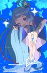  absurdly_long_hair ahoge aokaze_nana bare_legs bare_shoulders blue_background blue_boots blue_bow blue_bridal_gauntlets blue_hair blue_shirt blue_skirt blue_sleeves blunt_bangs boots bow bracelet clip_studio_paint_(medium) cure_wink detached_sleeves diamond_hair_ornament eyelashes finger_to_cheek frilled_skirt frills hair_bobbles hair_bow hair_bun hair_ornament hairband hand_on_own_knee headset heart heart-shaped_hair highres jewelry kimi_to_idol_precure long_hair magical_girl miniskirt multicolored_boots multicolored_hair natadekoko_(nata_hfa) one_eye_closed open_mouth paint_splatter paint_splatter_on_face plaid_bow plaid_clothes plaid_sleeves platform_boots pleated_sleeves precure purple_eyes purple_hair shirt short_sleeves single_hair_bun skirt smile sparkle standing strapless strapless_shirt streaked_hair tareme thigh_strap tongue train_(clothing) twitter_username two-tone_boots two-tone_hair very_long_hair wading water white_boots white_hairband 