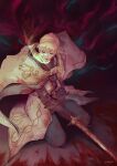  1girl absurdres armor armor_under_clothes blonde_hair blood blood_in_hair blood_on_clothes blood_on_weapon blood_splatter blood_stain braid cloak crown_braid disembodied_hand elden_ring elden_ring:_shadow_of_the_erdtree fellgorr full_armor highres holding holding_sword holding_weapon kneeling knight looking_down needle_knight_leda open_mouth ornate ornate_armor short_hair signature simple_background solo sword two-handed_sword weapon white_cloak yellow_eyes 