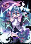 1girl 2others bare_shoulders blue_hair breasts collarbone detached_sleeves doroshii dress ghost ghost_girl ghost_miku_(project_voltage) glitch grey_dress hair_between_eyes hair_ornament halloween hat hatsune_miku highres jewelry long_hair long_sleeves looking_at_viewer medium_breasts misdreavus mismagius multiple_others necklace official_alternate_costume official_alternate_hairstyle open_mouth pokemon pokemon_(creature) project_voltage red_eyes sleeves_past_wrists twintails very_long_hair vocaloid witch_hat yellow_eyes 