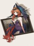  1girl bare_shoulders breasts brown_background cleavage closed_mouth crown_of_thorns dress druvis_iii druvis_iii_(shrouded_in_thorns) elbow_gloves feathered_wings gloves green_eyes halter_dress halterneck head_wings highres long_hair looking_at_viewer low_wings medium_breasts official_alternate_costume opal_reverse orange_hair picture_frame plunging_neckline purple_dress purple_gloves purple_wings reverse:1999 side_slit single_bare_arm single_elbow_glove sleeveless sleeveless_dress smile solo through_medium through_painting upper_body very_long_hair wings 