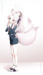  1girl absurdres alternate_costume alternate_hairstyle animal_ear_fluff animal_ears ankle_socks bell black_jacket black_necktie black_ribbon black_skirt blue_archive blush bucho_sama fox_ears fox_girl fox_tail grin hair_bell hair_ornament hair_ribbon halo hand_to_own_mouth highres jacket jingle_bell kuzunoha_(blue_archive) looking_at_viewer makeup multiple_tails necktie parted_bangs pencil_skirt ponytail ribbon shirt skirt slippers smile socks solo tail two_tails white_hair white_halo white_shirt white_socks 