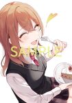  1girl black_sweater_vest blush breasts cake cake_slice closed_eyes commentary_request facing_viewer food fork hand_up highres holding holding_fork holding_plate kohinata_iroha_(imouuzai) long_sleeves official_art open_mouth plate sample_watermark school_uniform second-party_source shirt simple_background smile solo sweater_vest tomari_(veryberry00) tomodachi_no_imouto_ga_ore_ni_dake_uzai watermark white_background white_shirt 