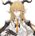  1girl ahoge animal_ears arknights black_cape black_gloves black_horns blonde_hair bolo_tie bright_pupils cape closed_mouth curled_horns degenbrecher_(arknights) gloves hair_between_eyes highres horns long_bangs long_hair looking_at_viewer shirt simple_background solo tunaguri_(dalang-eopo) white_background white_pupils white_shirt yellow_eyes 
