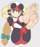  1girl alternate_universe barefoot black_bodysuit blonde_hair bodysuit bow feet gloves green_bow green_eyes helmet highres hugging_own_legs long_hair mega_man_(series) mega_man_battle_network_(series) oyatsu_(mk2) presenting_foot red_gloves roll.exe_(mega_man) soles toes white_bodysuit white_helmet 