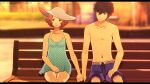  1boy 1girl absurdres amamiya_ren artist_name black_hair commentary commission dress english_commentary hand_grab hat highres letterboxed looking_at_another okumura_haru on_bench persona persona_5 personaparadise pink_hair sitting sun_hat sundress swimsuit watermark 