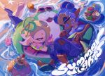  1boy 2girls barefoot beach big_man_(splatoon) big_man_(summer_nights)_(splatoon) black_pants blonde_hair blue_hair blue_pants blue_tongue blueberry cephalopod_eyes closed_eyes clothing_cutout colored_extremities colored_eyelashes colored_tongue copyright_name crop_top dark-skinned_female dark_skin drinking_straw english_text fangs food food_on_head fruit frye_(splatoon) frye_(summer_nights)_(splatoon) gradient_hair grapes grin hair_ornament hair_over_one_eye hair_stick hashtag-only_commentary highres horizontal_pupils inkling innertube ka1_(k4k37) lime_(fruit) lime_slice long_eyelashes long_pointy_ears medium_hair midriff multicolored_hair multiple_girls object_on_head octoling official_alternate_color official_alternate_costume one_eye_covered open_mouth pants parted_lips plate pointy_ears purple_hair red_eyes rubber_duck shirt shiver_(splatoon) shiver_(summer_nights)_(splatoon) smallfry_(splatoon) smile soles splatoon_(series) splatoon_3 star_(symbol) starfish strawberry swim_ring tentacle_hair toes tongue tongue_out torn_clothes torn_pants water watermelon watermelon_slice white_shirt 