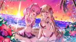  2girls :d arm_garter armlet assault_lily bare_arms bare_shoulders beach beach_towel bikini bikini_skirt black_bikini blonde_hair blush bracelet breasts bush cleavage commentary_request copyright_notice criss-cross_halter cross-laced_bikini cross-laced_clothes dutch_angle endou_araya evening fang fingernails flower frilled_bikini frills gradient_sky hair_between_eyes hair_flower hair_ornament hair_ribbon hairpods halterneck hand_on_own_cheek hand_on_own_face hand_to_own_mouth heart heart_necklace hibiscus high_ponytail horizon jewelry layered_bikini long_hair looking_at_viewer medium_breasts multi-strapped_bikini_bottom multicolored_bikini multiple_girls nail_polish navel necklace ocean official_alternate_costume official_alternate_hairstyle official_art okada_kisara on_ground open_mouth orange_sky palm_tree panty_straps parted_lips pink_bikini pink_eyes pink_hair ponytail purple_sky red_bikini red_eyes red_flower red_nails red_ribbon red_rose ribbon ring rose shoulder_tattoo side-tie_bikini_bottom sitting sky smile sparkle stomach sun sunset swimsuit tattoo thigh_strap towel tree two-tone_bikini umeno_shii very_long_hair white_bikini white_ribbon wrist_cuffs yokozuwari 