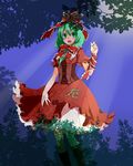  absurdres arm_up blush boots bow branch cross-laced_footwear dress forest frilled_skirt frills front_ponytail green_eyes green_hair hair_bow hair_ribbon happy highres kagiyama_hina knee_boots light_particles light_rays long_hair looking_at_viewer nature open_mouth puffy_short_sleeves puffy_sleeves red_dress ribbon short_sleeves skirt smile solo touhou tree wrist_ribbon yukina_(masyumaro610) 