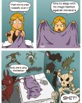 2016 ambiguous_gender bed bed_sheet bedding blonde_hair bone canid canine canis clothed clothing comic controller dialogue domestic_dog female feral furniture group hair holding_controller holding_object holding_remote_control human lying mammal monster pillow pupils remote_control sharp_teeth sinapi skeleton teeth text undead