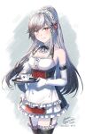  1girl alternate_costume apron azur_lane bare_shoulders black_dress black_garter_straps black_thighhighs breasts center_frills commentary_request commission cowboy_shot cup detached_collar dress dunkerque_(azur_lane) elbow_gloves enmaided framed_breasts frilled_apron frilled_dress frilled_gloves frills garter_straps gloves grey_hair highres holding holding_tray ittokyu long_hair looking_at_viewer maid medium_breasts multicolored_dress purple_eyes red_dress signature simple_background skeb_commission sleeveless sleeveless_dress solo teacup thighhighs traditional_media tray waist_apron white_apron white_gloves 