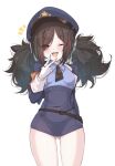  1girl :d absurdres ass_visible_through_thighs azur_lane black_hair black_necktie blue_hat blush breasts commentary covered_navel gloves hair_ornament hairclip hand_up hat highres looking_at_viewer low_twintails medium_hair mikuchi3939 multicolored_hair necktie notice_lines official_alternate_costume one_eye_closed peaked_cap police police_hat police_uniform policewoman red_eyes red_hair red_streaks sharp_teeth simple_background small_breasts smile solo teeth twintails u-37_(azur_lane) u-37_(safekeeper_of_the_streets)_(azur_lane) v white_background white_gloves 