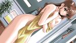  1990s_(style) 1girl arima_ayumi blush breasts brown_eyes brown_hair dutch_angle game_cg holding holding_towel kono_yo_no_hate_de_koi_wo_utau_shoujo_yu-no large_breasts nagaoka_yasuchika non-web_source pc-98_(style) retro_artstyle smile solo solo_focus thighs towel wavy_hair wet wet_hair 