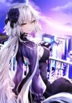  1girl alternate_costume city cityscape fate/grand_order fate_(series) flower hair_ornament hane_yuki highres jeanne_d&#039;arc_alter_(fate) jeanne_d&#039;arc_alter_(over_the_same_sky)_(fate) long_hair purple_flower purple_rose rose sitting star_(sky) white_hair yellow_eyes 