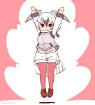  1girl arms_up bird_girl bird_tail bird_wings coroha feathered_wings full_body grey_hair head_wings jacket jumping kemono_friends kemono_friends_3 looking_at_viewer pantyhose pink_background ross&#039;s_gull_(kemono_friends) shoes short_hair shorts simple_background solo tail wings 