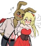  1boy 1girl alternate_costume animal_ears animal_nose arms_behind_back bare_shoulders belt black_belt black_eyes blonde_hair blush bouquet bow brown_corset brown_fur collarbone collared_shirt corset cowboy_shot crossover crystal_wings dress english_commentary five_nights_at_freddy&#039;s flandre_scarlet flower frills furry furry_male grey_pants hair_between_eyes hair_bow hand_on_own_chin hand_up heart hetero himuhino holding holding_bouquet long_hair long_sleeves looking_afar looking_at_another multicolored_wings no_headwear off-shoulder_dress off_shoulder open_mouth pants plushtrap puffy_short_sleeves puffy_sleeves rabbit_boy rabbit_ears red_bow red_dress red_flower red_rose rose scar scar_across_eye scar_on_face sharp_teeth shirt short_sleeves side_ponytail simple_background sketch smile smug standing teeth touhou white_background white_shirt wings 