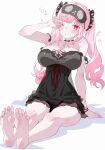  1girl ;o absurdres bare_shoulders black_choker black_mask black_nightgown black_scrunchie blush breasts choker commentary hair_ornament hair_scrunchie highres hololive hololive_english huge_breasts kamiya_maneki long_hair looking_at_viewer mori_calliope mori_calliope_(sleepwear) nightgown one_eye_closed open_mouth pink_eyes pink_hair red_ribbon ribbon rubbing_eyes scrunchie signature simple_background sitting skull_choker skull_print sleep_mask solo squeans strap_slip thighs twintails twitter_username virtual_youtuber white_background 