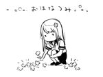  1girl chibi flower full_body greyscale hair_flower hair_ornament hugging_own_legs ito_fumi long_hair monochrome natsu_no_kusari no_mouth picking_flowers school_uniform serafuku shirai_mitsuki shirt shoes short_sleeves simple_background skirt solid_oval_eyes solo squatting translation_request 