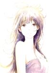  1girl absurdres bare_shoulders bbmasa breasts cleavage closed_mouth collarbone commentary_request hibike!_euphonium highres liz_to_aoi_tori long_hair looking_at_viewer messy_hair purple_hair red_eyes simple_background solo strapless traditional_media upper_body white_background yoroizuka_mizore 