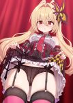  1girl absurdres bare_shoulders black_dress black_panties blonde_hair breasts butterfly_hair_ornament clothes_lift commission dress embarrassed emil_chronicle_online frilled_dress frills garter_straps hair_ornament highres medium_breasts necktie panties pixiv_commission purple_thighhighs raised_inner_eyebrows red_eyes red_necktie shisum skirt skirt_lift spider_web_hair_ornament split_ponytail striped_clothes striped_thighhighs tarantula_alma thighhighs underwear 