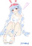  1girl animal_ear_fluff animal_ears between_legs bikini bikini_under_clothes blue_bikini blue_hair blue_nails blush braid breasts brown_eyes commentary_request full_body grin hair_ornament hairclip hand_between_legs hat head_tilt heart highres hololive kiritoma long_hair looking_at_viewer low_twintails nail_polish rabbit-shaped_pupils rabbit_ears red_hat sandals see-through_clothes see-through_shirt shirt short_eyebrows signature simple_background small_breasts smile solo swimsuit symbol-shaped_pupils thick_eyebrows toenail_polish toenails twin_braids twintails usada_pekora very_long_hair virtual_youtuber visor_cap wet wet_clothes wet_shirt white_background white_hair white_sandals white_shirt wrist_cuffs x_hair_ornament 