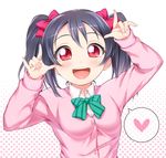  \m/ black_hair blush bow cardigan double_\m/ hair_bow heart love_live! love_live!_school_idol_project open_mouth otonokizaka_school_uniform red_eyes school_uniform smile solo spoken_heart twintails yazawa_nico yoohi 