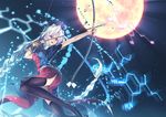  absurdly_long_hair aiming arrow black_legwear black_panties bow bow_(weapon) braid breasts chemical_structure chemistry drawing_bow dress full_moon highres holding holding_arrow holding_bow_(weapon) holding_weapon leg_up light_rays long_hair medium_breasts molecule moon open_mouth orita_enpitsu outstretched_arm panties purple_eyes shoes short_sleeves silver_hair solo thighhighs touhou underwear very_long_hair weapon yagokoro_eirin 