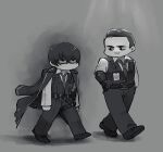  2boys belt black_hair black_suit dagger gauntlets glaring hair_slicked_back hand_on_own_hip highres id_card knife limbus_company male_focus meursault_(project_moon) multiple_boys necktie open_clothes project_moon short_hair suit thigh_sheath thigh_strap vest walking weapon yatsumeunagi yi_sang_(project_moon) 