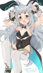  1girl absurdres and_uge android animal_ear_hairband animal_ears bare_shoulders black_leotard blue_eyes blush bow bowtie breasts covered_navel detached_collar embarrassed fake_animal_ears fake_tail flat_chest grey_hair hairband highleg highleg_leotard highres leotard looking_at_viewer nanashi_inc. open_mouth petite playboy_bunny puffy_sleeves rabbit_ear_hairband rabbit_ears rabbit_pose rabbit_tail shirana_tamana solo strapless strapless_leotard tail tailcoat teeth thick_eyebrows thighhighs traditional_bowtie upper_teeth_only virtual_youtuber white_background white_thighhighs white_wrist_cuffs wrist_cuffs 