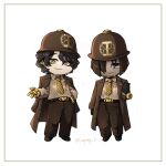  1boy 1girl belt belt_buckle black_belt black_shoes brown_coat brown_eyes brown_hair brown_helmet brown_pants brown_shirt buckle closed_mouth coat coat_on_shoulders collared_shirt ear_piercing hair_over_one_eye helmet highres hubert_(limbus_company) lapels limbus_company looking_at_viewer mai_(project_moon) necktie notched_lapels pants piercing project_moon shirt shoes short_hair simple_background smile striped_necktie white_background yatsumeunagi yellow_eyes yellow_necktie 
