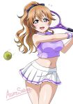  1girl azuresakura ball blush breasts brown_hair crop_top highres holding holding_racket konoe_kanata large_breasts long_hair looking_at_viewer love_live! love_live!_nijigasaki_high_school_idol_club midriff navel ponytail racket shirt simple_background skirt sleeveless sleeveless_shirt smile solo sportswear tennis_ball tennis_racket tennis_skirt tennis_uniform two-tone_skirt visor_cap white_background white_skirt 