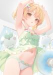  1girl armpits arms_up blonde_hair breasts curtains dress electric_fan fanning_self green_dress green_panties highres indoors looking_at_viewer navel open_mouth original paid_reward_available panties rebun short_hair small_breasts solo underwear yellow_eyes 