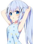  1girl :o alternate_costume alternate_hairstyle armpits arms_behind_head bare_shoulders blue_camisole blue_eyes blue_hair blue_pupils blush bunching_hair camisole commentary_request gochuumon_wa_usagi_desu_ka? hair_ornament highres holding holding_own_hair kafuu_chino long_hair open_mouth polka_dot polka_dot_camisole ponytail poteto_furai sidelocks simple_background solo straight_hair upper_body very_long_hair white_background x_hair_ornament 