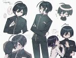  2boys ahoge black_hair black_jacket blush brown_eyes buttons checkered_clothes checkered_scarf chibi collared_jacket commentary_request crossed_arms danganronpa_(series) danganronpa_v3:_killing_harmony double-breasted eyelashes flipped_hair hair_between_eyes height_difference highres jacket long_sleeves male_focus masyu_bimitalya multiple_boys muted_color oma_kokichi open_mouth pants partial_commentary purple_eyes purple_hair saihara_shuichi scarf self_hug short_hair simple_background smile solo_focus sparkle speech_bubble striped_clothes striped_jacket striped_pants translation_request two-tone_scarf vertical-striped_sleeves watermark yaoi 