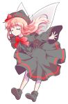  1girl alphes_(style) bent_over black_capelet black_dress black_hat black_socks blonde_hair bobby_socks bow bowtie capelet closed_eyes closed_mouth commentary_request crying dairi dress fairy fairy_wings full_body grey_wings hair_between_eyes hat hat_bow large_variant_set legs_apart lily_black lily_white long_hair long_sleeves no_shoes outstretched_arms parody red_bow red_bowtie socks solo style_parody tachi-e tears touhou transparent_background variant_set wide_sleeves wings 